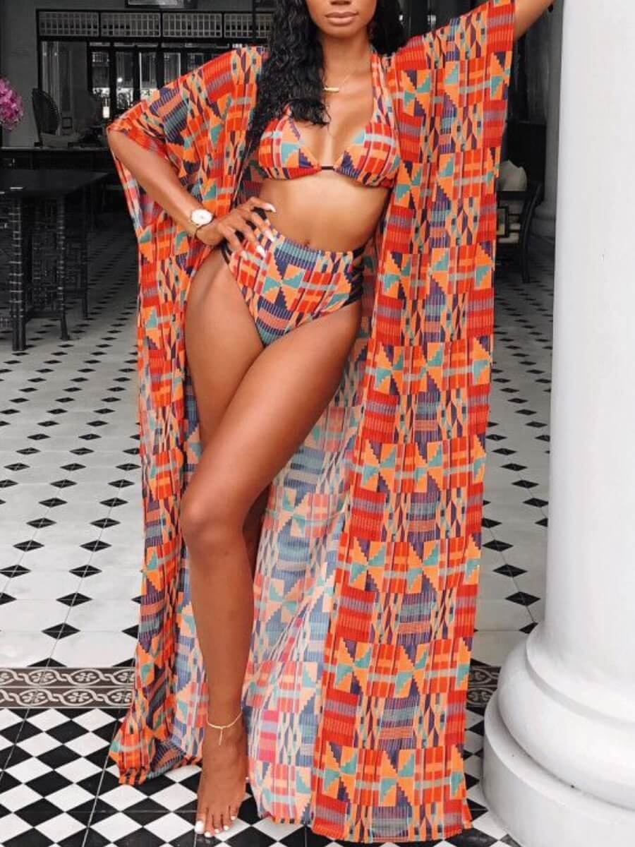 

Lovely Bohemian Spaghetti Strap Print Hollow-out Red Two-piece Swimsuit