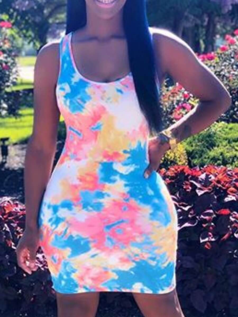 

Lovely Street Tie-dye Print Multicolor Knee Length Dress, Multi