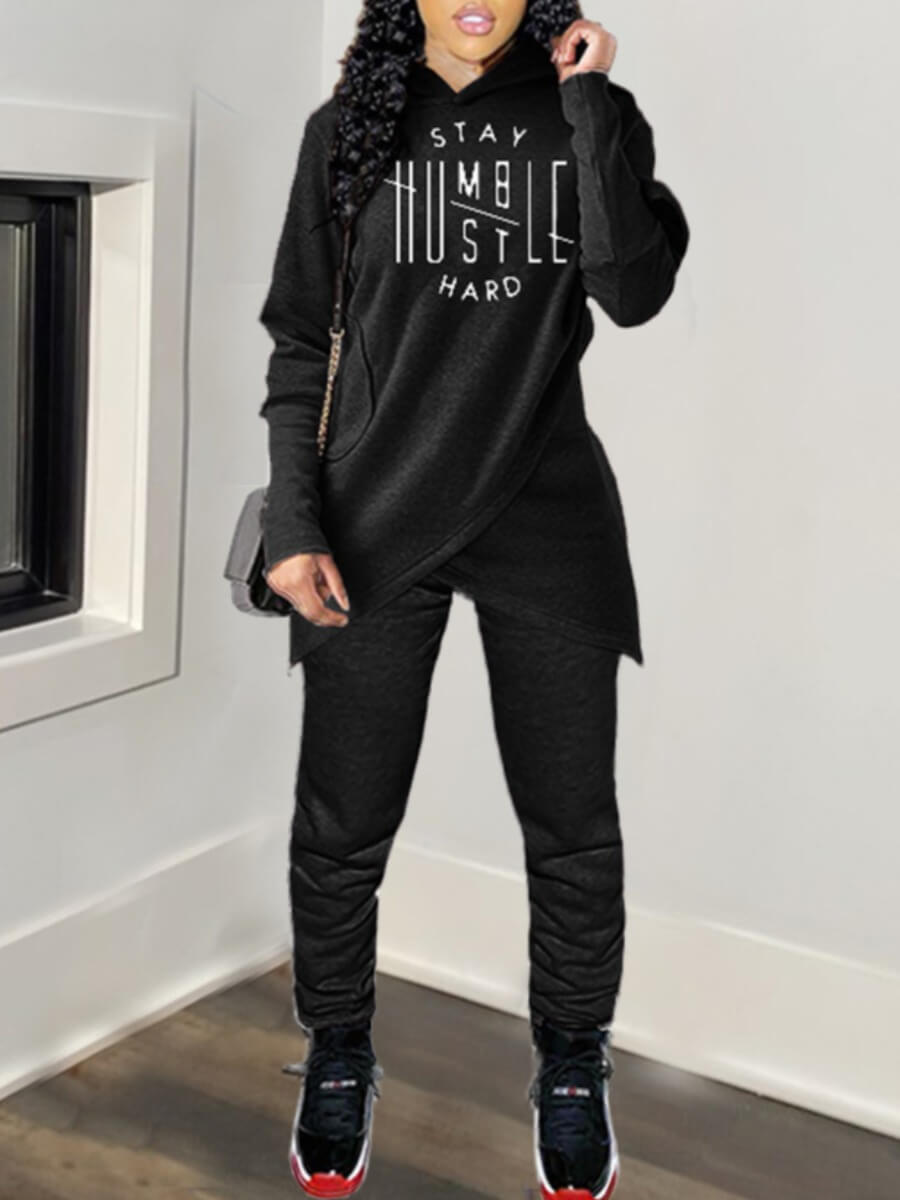 

Lovely Casual Hooded Collar Letter Print Black Two Piece Pants Set