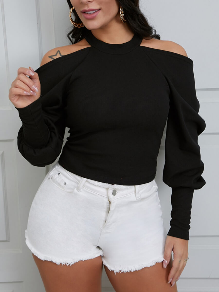 

Lovely Sexy Halter Neck Hollow-out Black Blouse