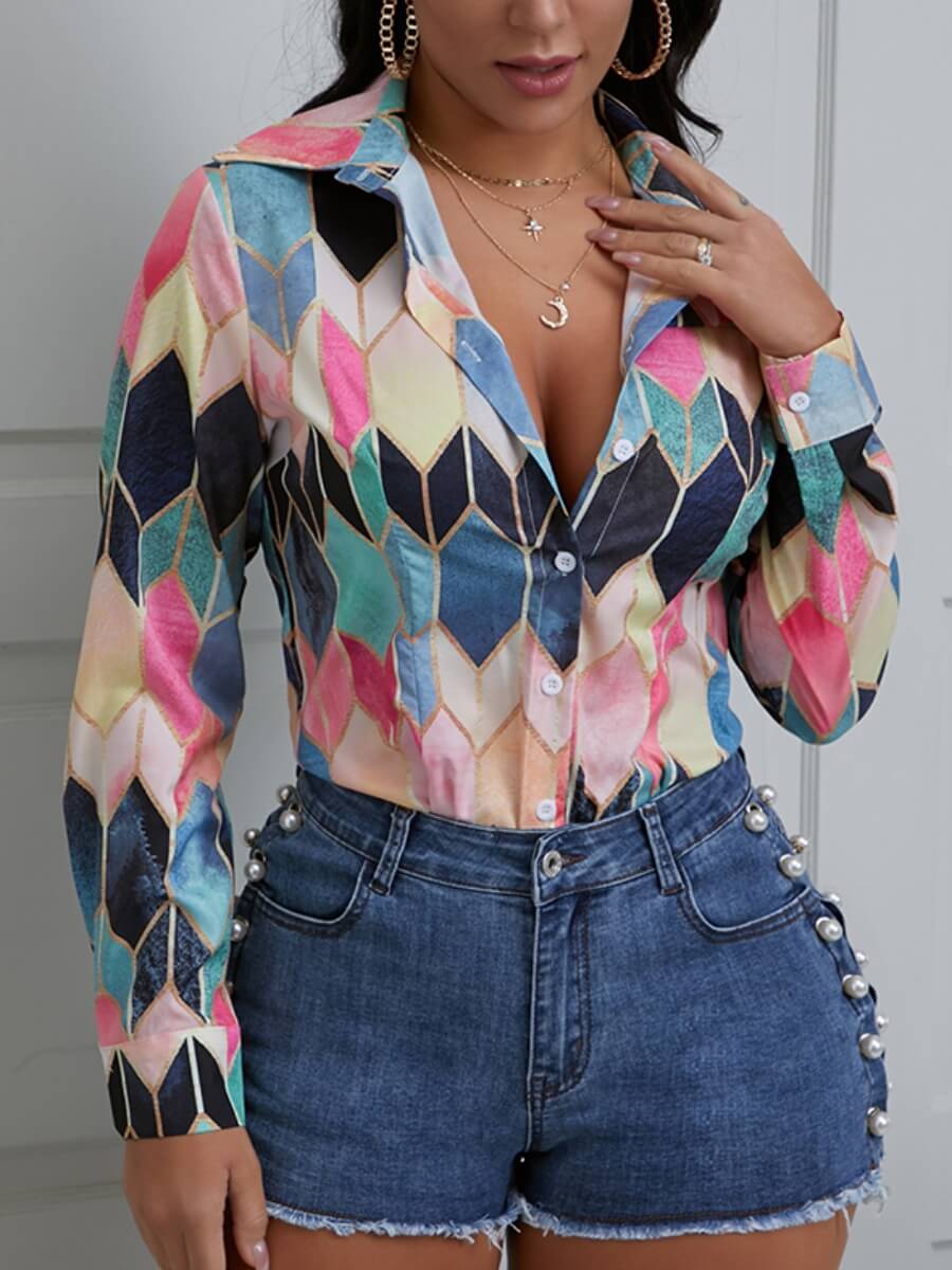 

Lovely Casual Turndown Collar Print Multicolor Blouse, Multi