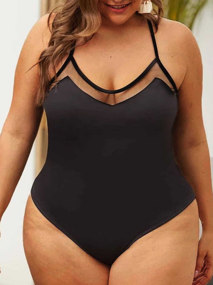 

Lovely Sweet Cross Strap See-through Patchwork Black Plus Size One-piece Swimsuit