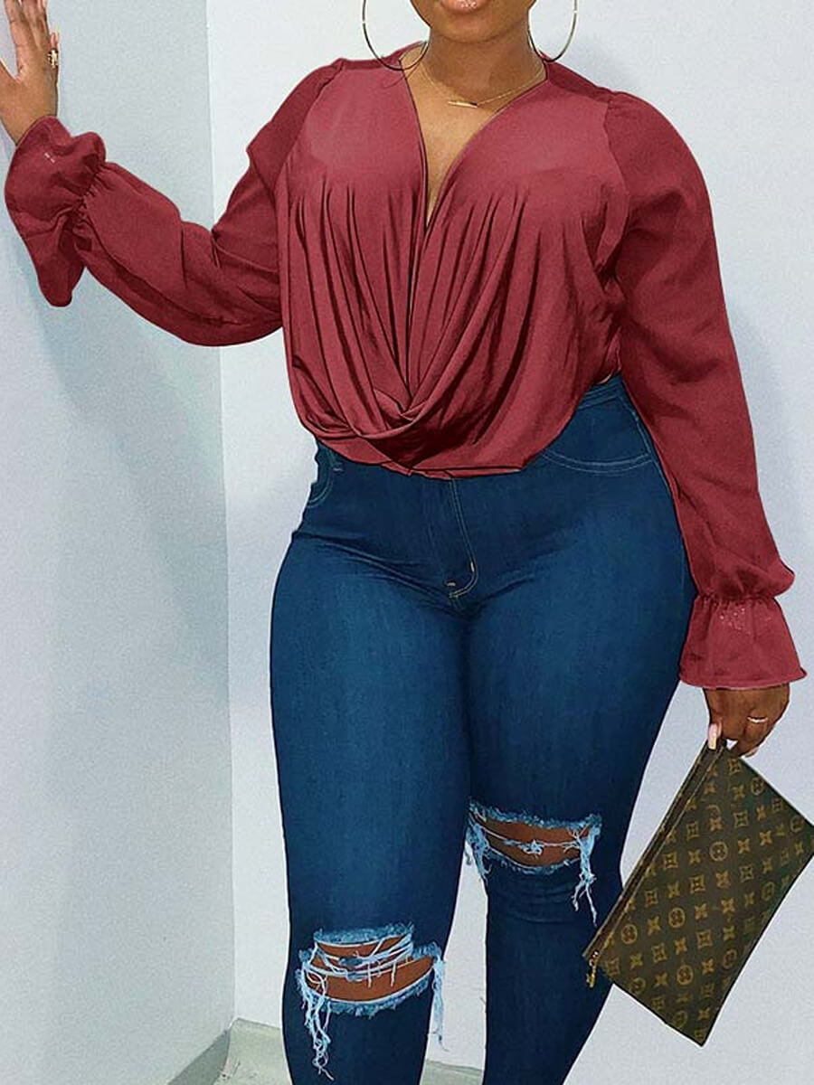 

Lovely Plus Size Casual Fold Design Mesh Patchwork Wine Red Blouse