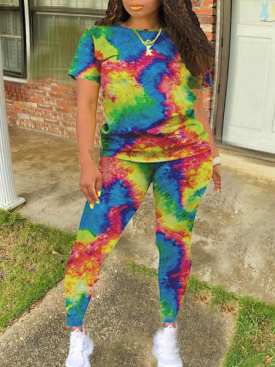 

Lovely Casual O Neck Tie-dye Print Red Two Piece Pants Set