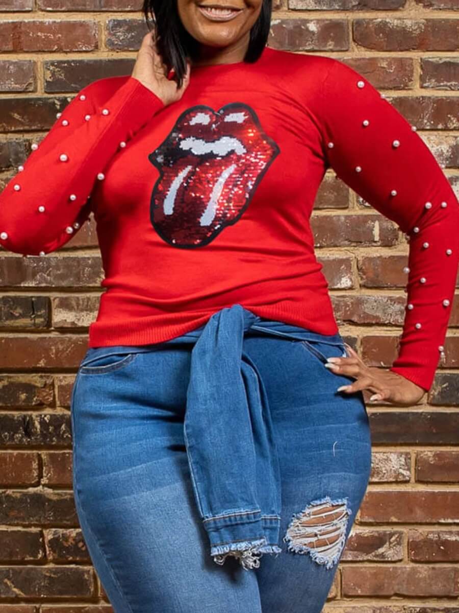 

Lovely Casual Lip Print Pearl Decoration Red Plus Size T-shirt