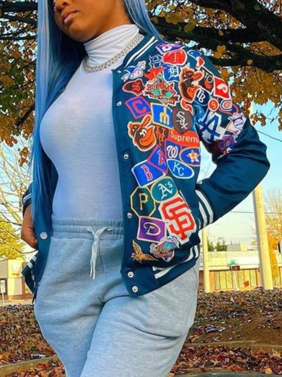 

Lovely Street Print Patchwork Navy Blue Jacket