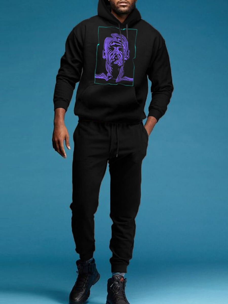 

Lovely Casual Hooded Collar Print Black Men Two Piece Pants Set