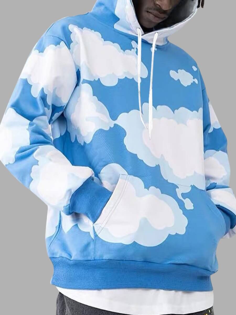 

Lovely Casual Hooded Collar Print Baby Blue Men Hoodie