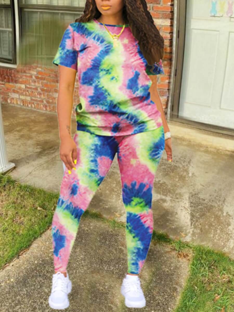 

Lovely Casual O Neck Tie-dye Pink Two Piece Pants Set