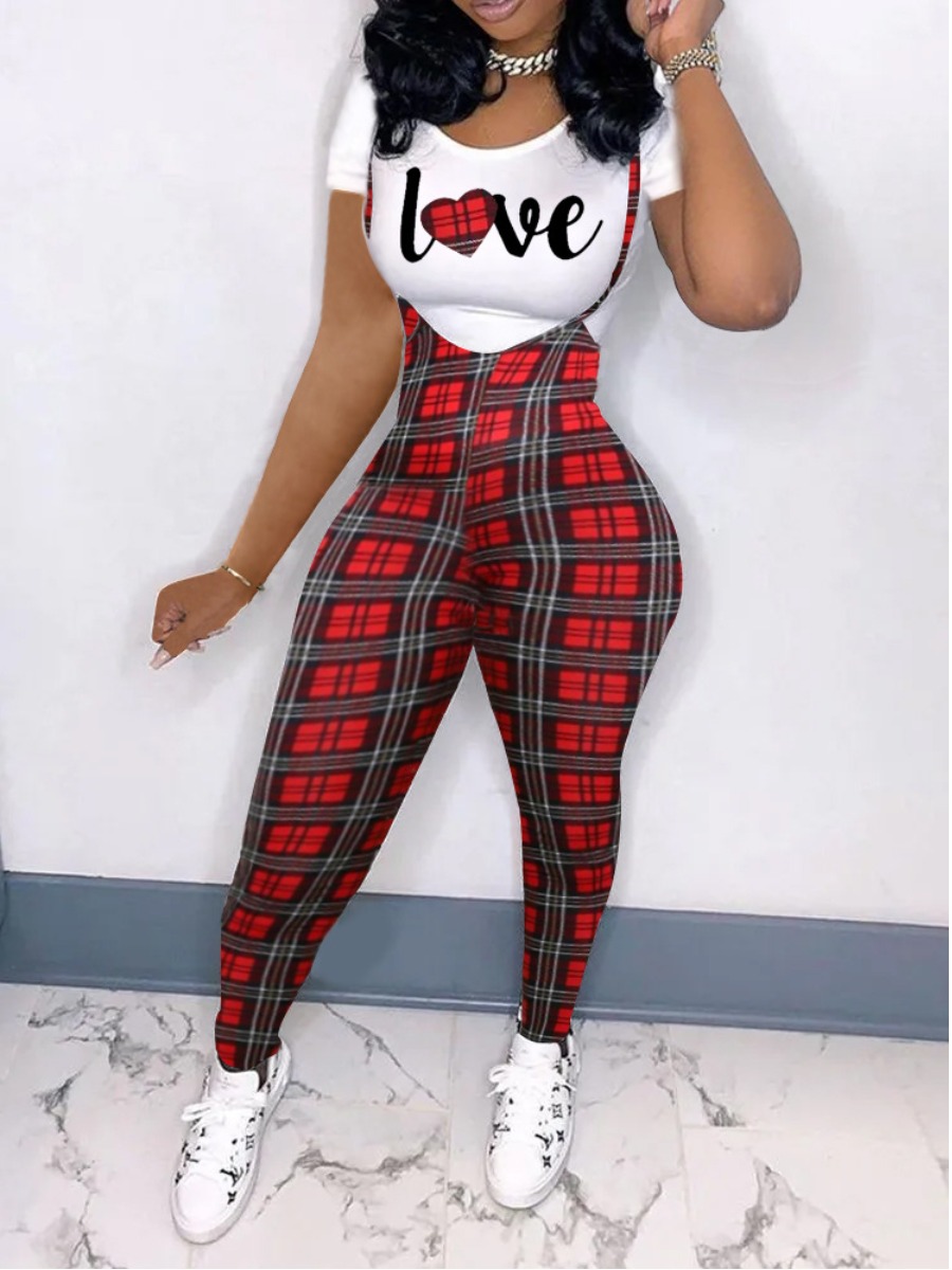 Lovely Casual O Neck Plaid Letter Print Red Two Piece Pant Set