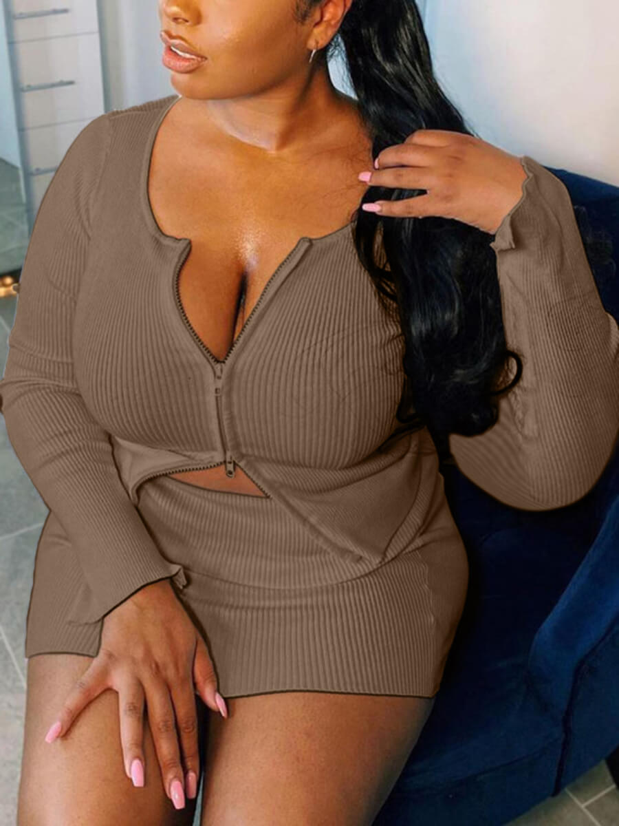 

Lovely Sweet Zipper Design Basic Skinny Coffee Plus Size Coat