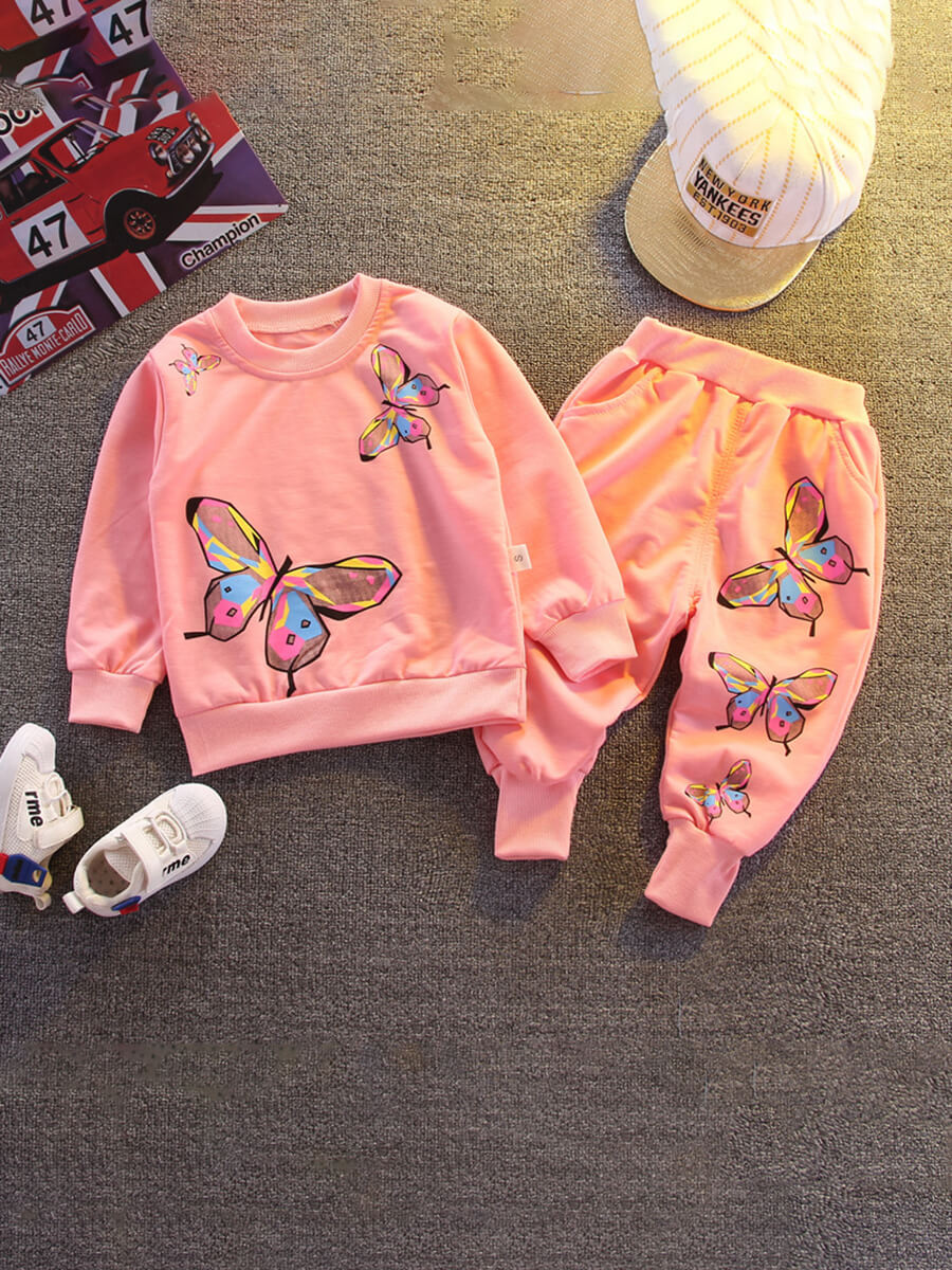 

Lovely Sweet O Neck Butterfly Print Pink Girl Two Piece Pants Set