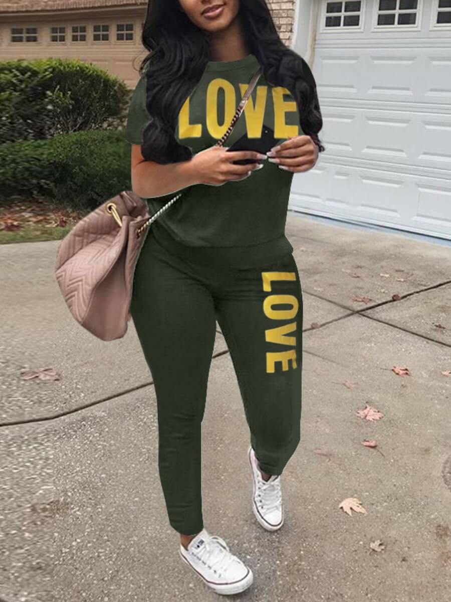 LW Casual O Neck Letter Print Green Two Piece Pants Set