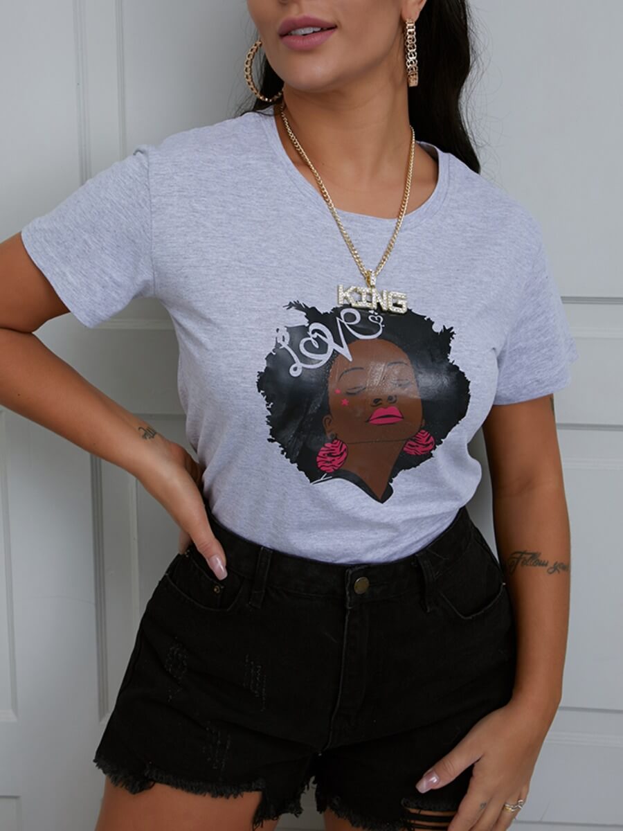 

Lovely Casual O Neck Print Grey T-shirt