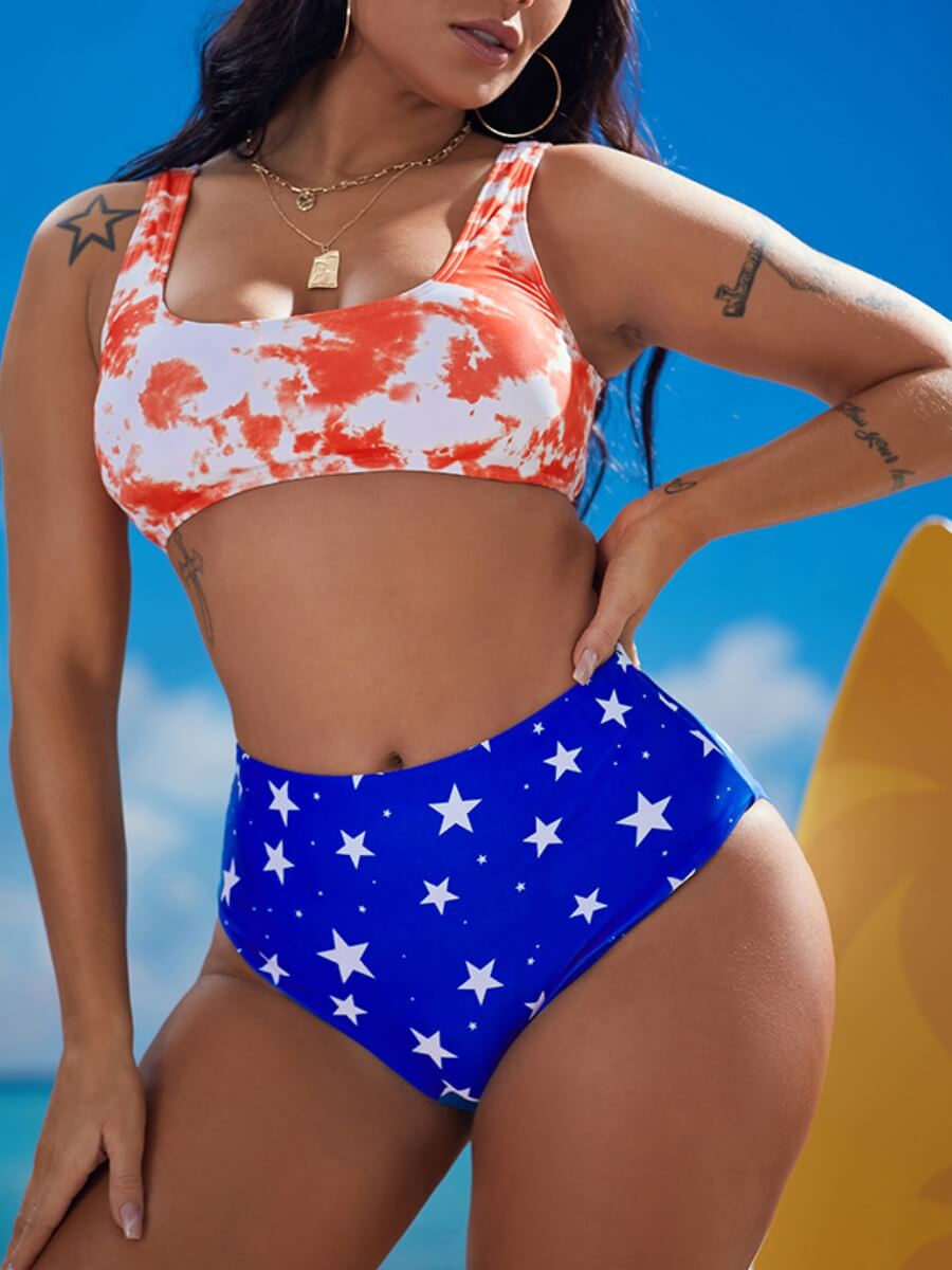 

Lovely Polyester Casual Tie Dye Basic Skinny High-waisted U Neck Padded Yes(Elastic) Lined Unadjustable Unremovable Unremovable Else Tankini, Red
