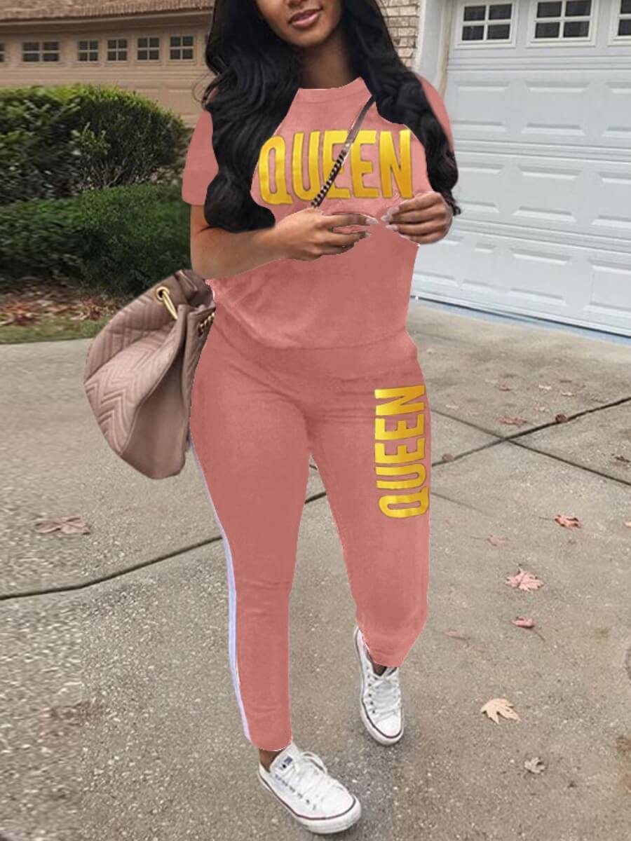 

Lovely Sportswear Letter Print Striped Pink Two Piece Pants Set