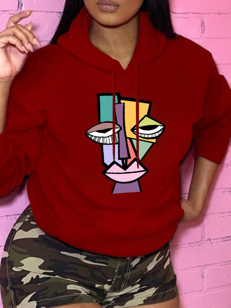 

Lovely Casual Hooded Collar Cartoon Print Patchwork Red Hoodie