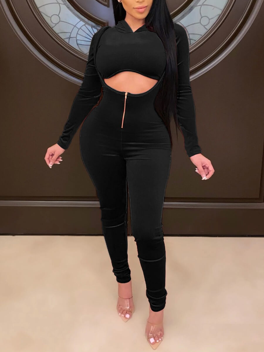 

Lovely Chic Hooded Collar Crop Top Black Two Piece Pants Set