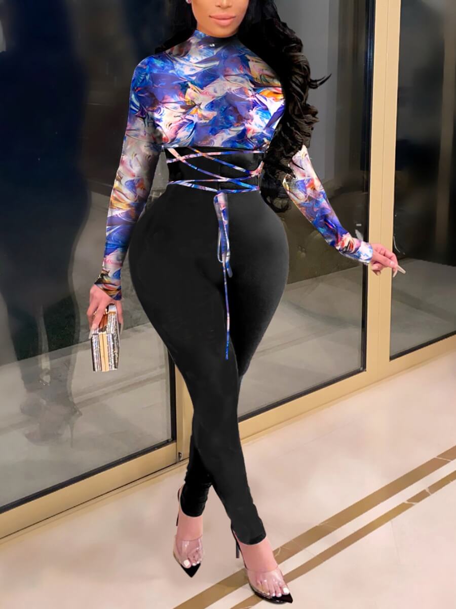 

Lovely Sexy Half A Turtleneck Bandage Design Patchwork Blue One-piece Jumpsuit(No-positioning Printing