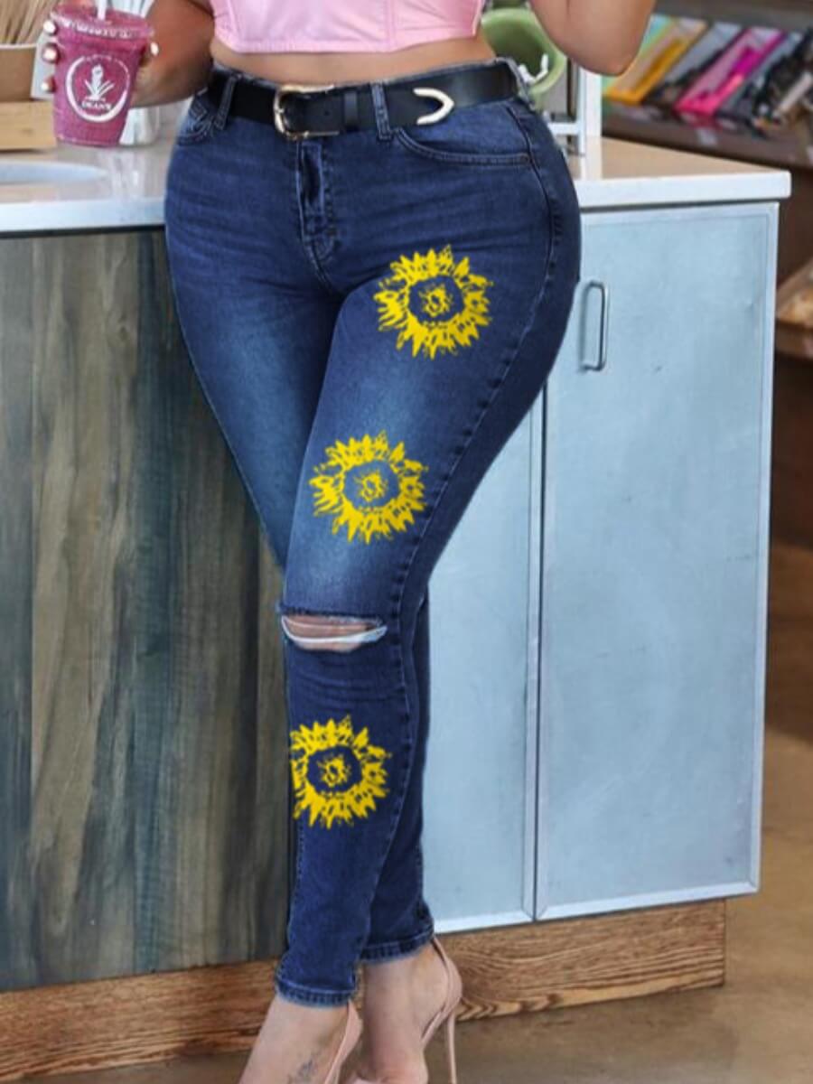 

Lovely Casual High-waisted Print Broken Holes Deep Blue Jeans