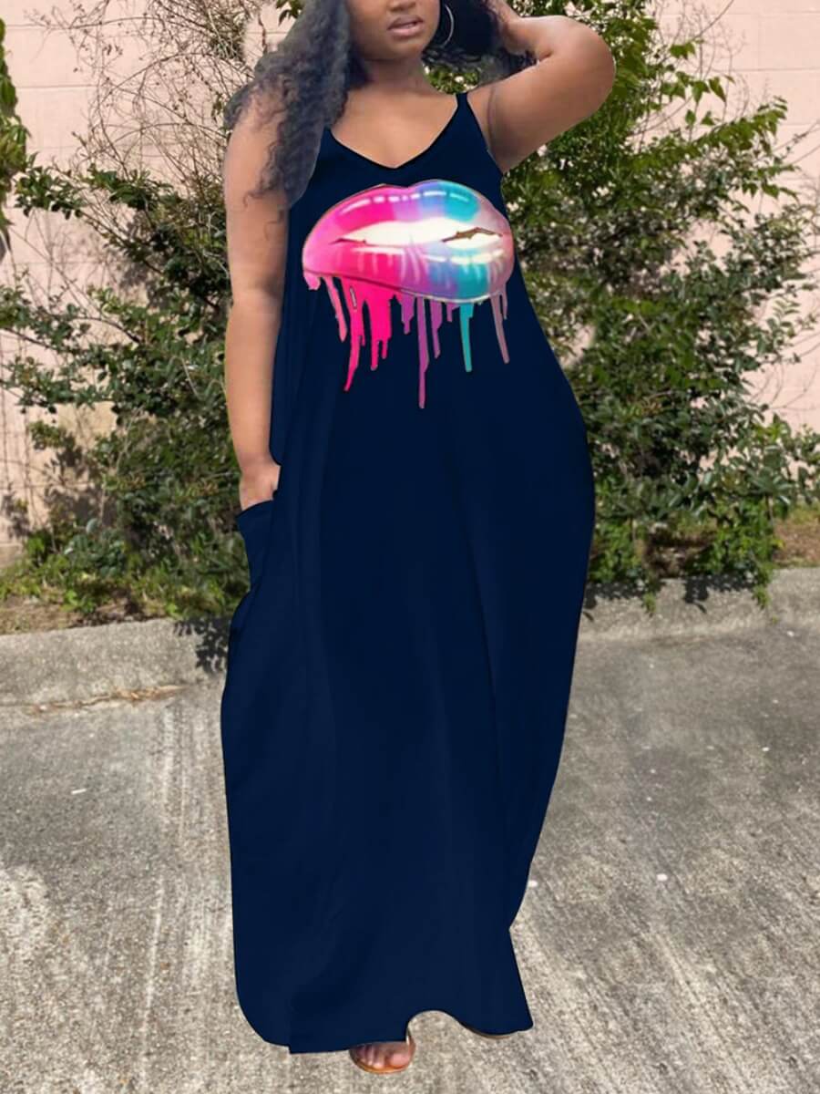 

Lovely Plus Size Trendy U Neck Lip Print Deep Blue Floor Length A Line Dress, Dark blue