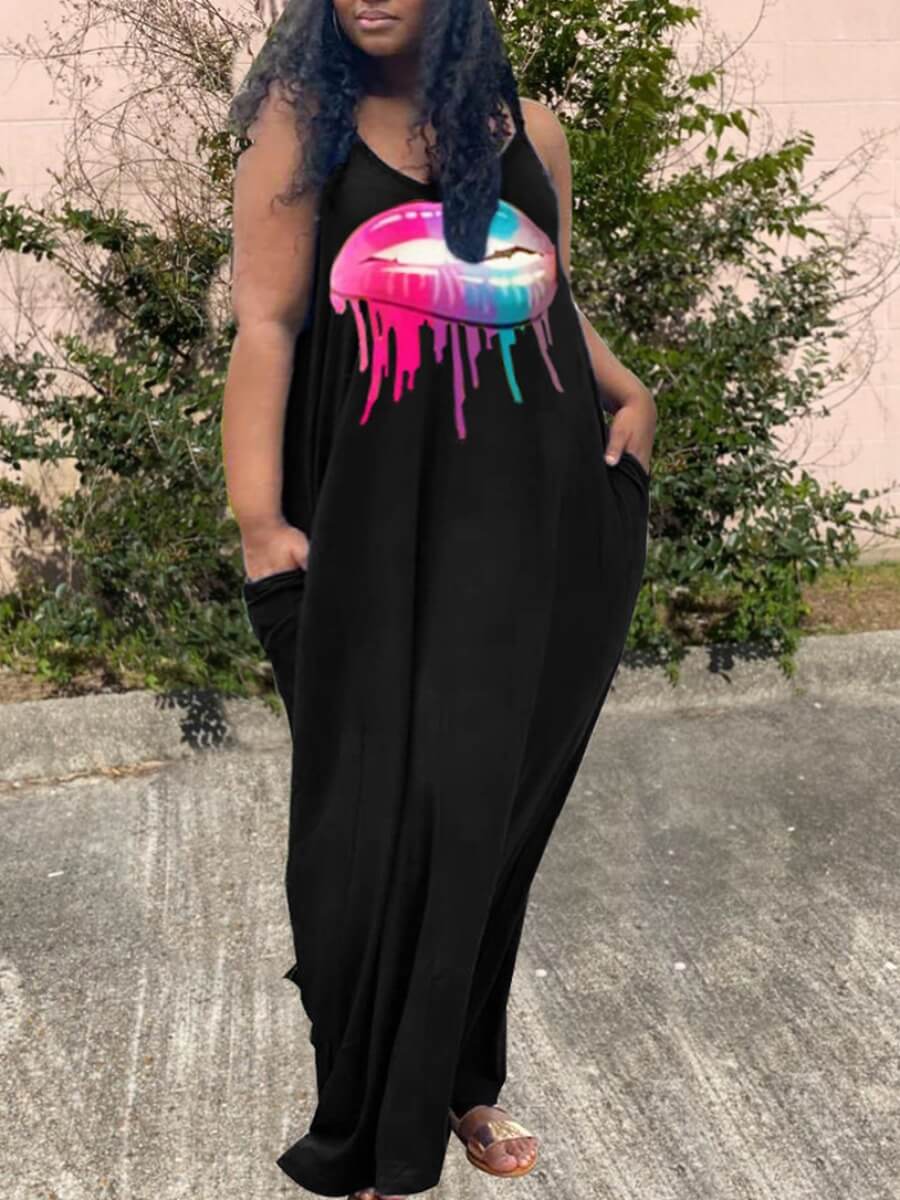 

Lovely Trendy U Neck Lip Print Black Floor Length A Line Plus Size Dress