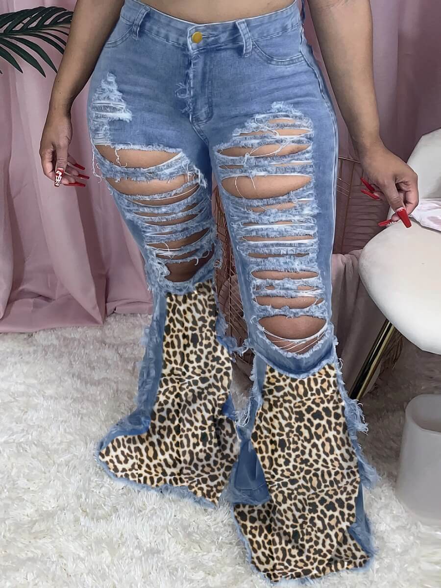 

Lovely Street Broken Holes Leopard Print Patchwork Flared Blue Plus Size Jeans