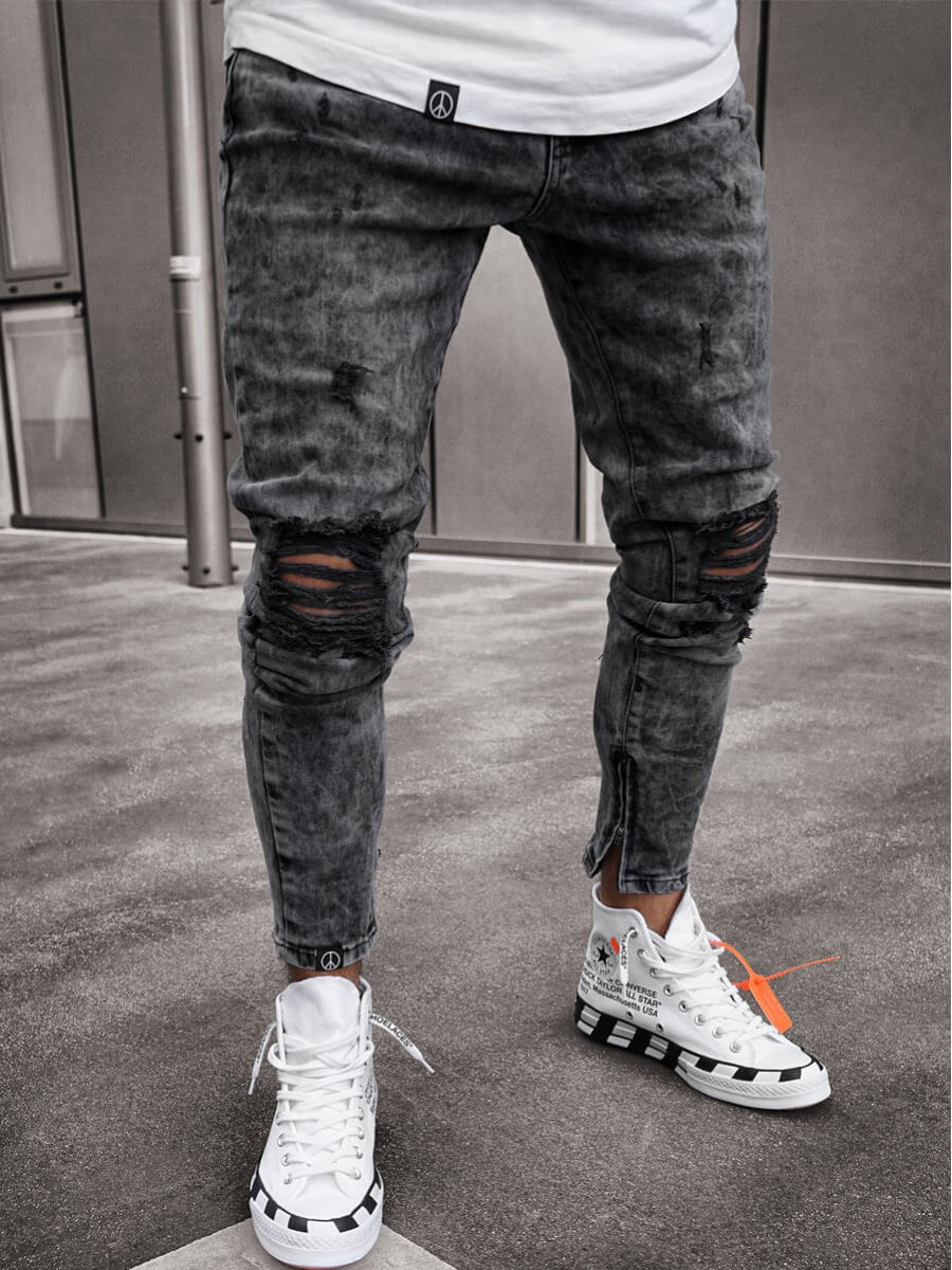 

Lovely Men Casual Mid Waist Broken Holes Black Jeans