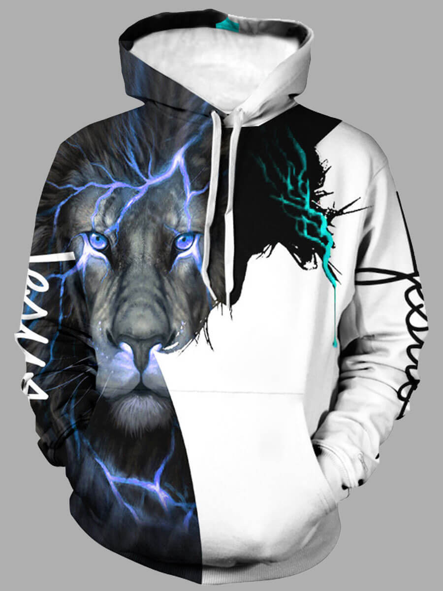 

LW Men Lion Print Patchwork Hoodie, Black