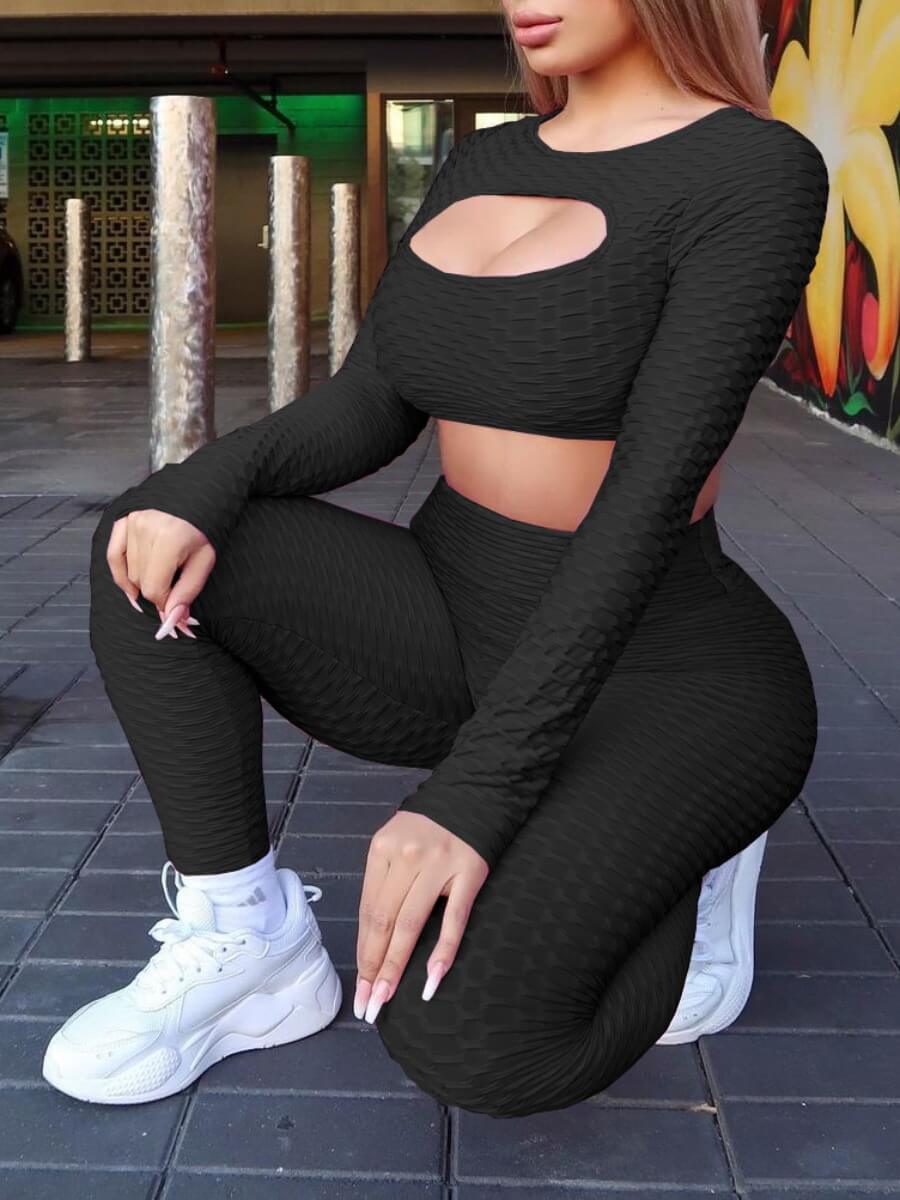 

Lovely Sportswear O Neck Hollow-out Print Black Yoga Two Piece Pants Set