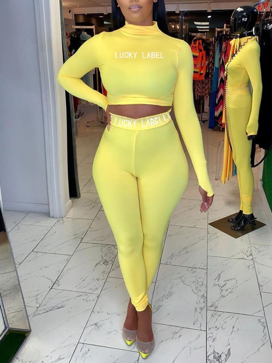 

Lovely Casual Turtleneck Letter Print Yellow Two Piece Pants Set