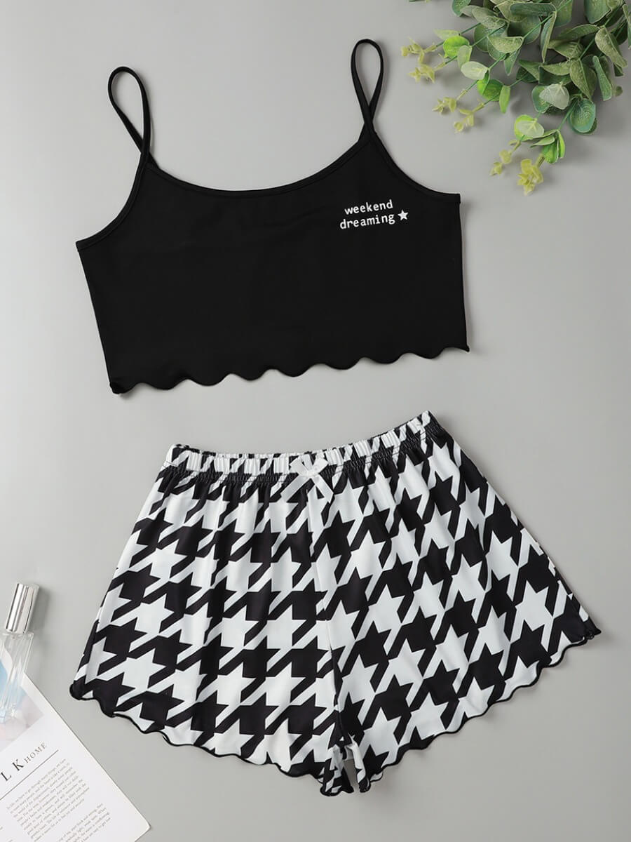 

Lovely Casual Letter Plaid Print Asymmetrical Black Sleepwear