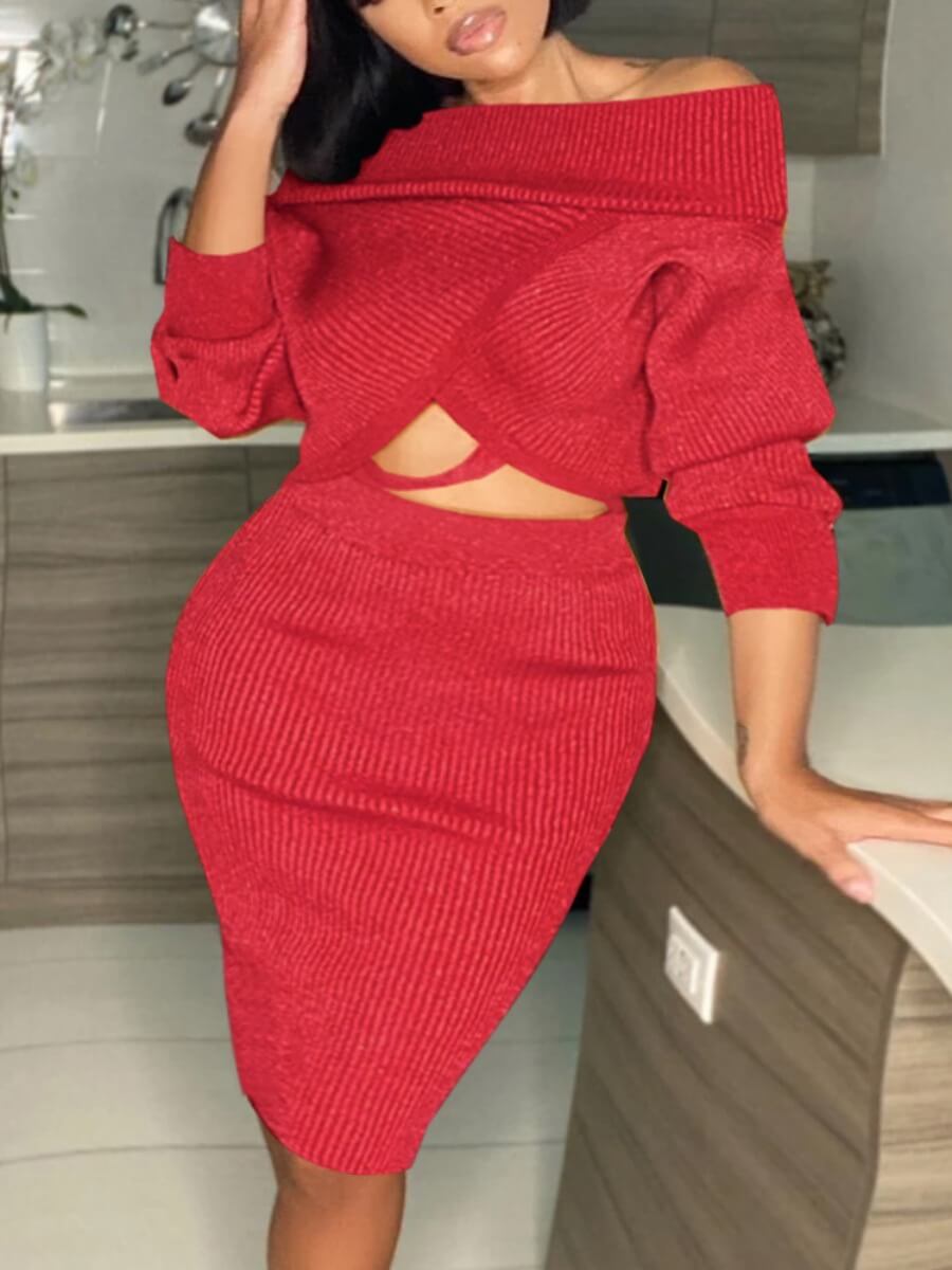 

Lovely Sexy Cross-over Hollow-out Red Two Piece Skirt Set