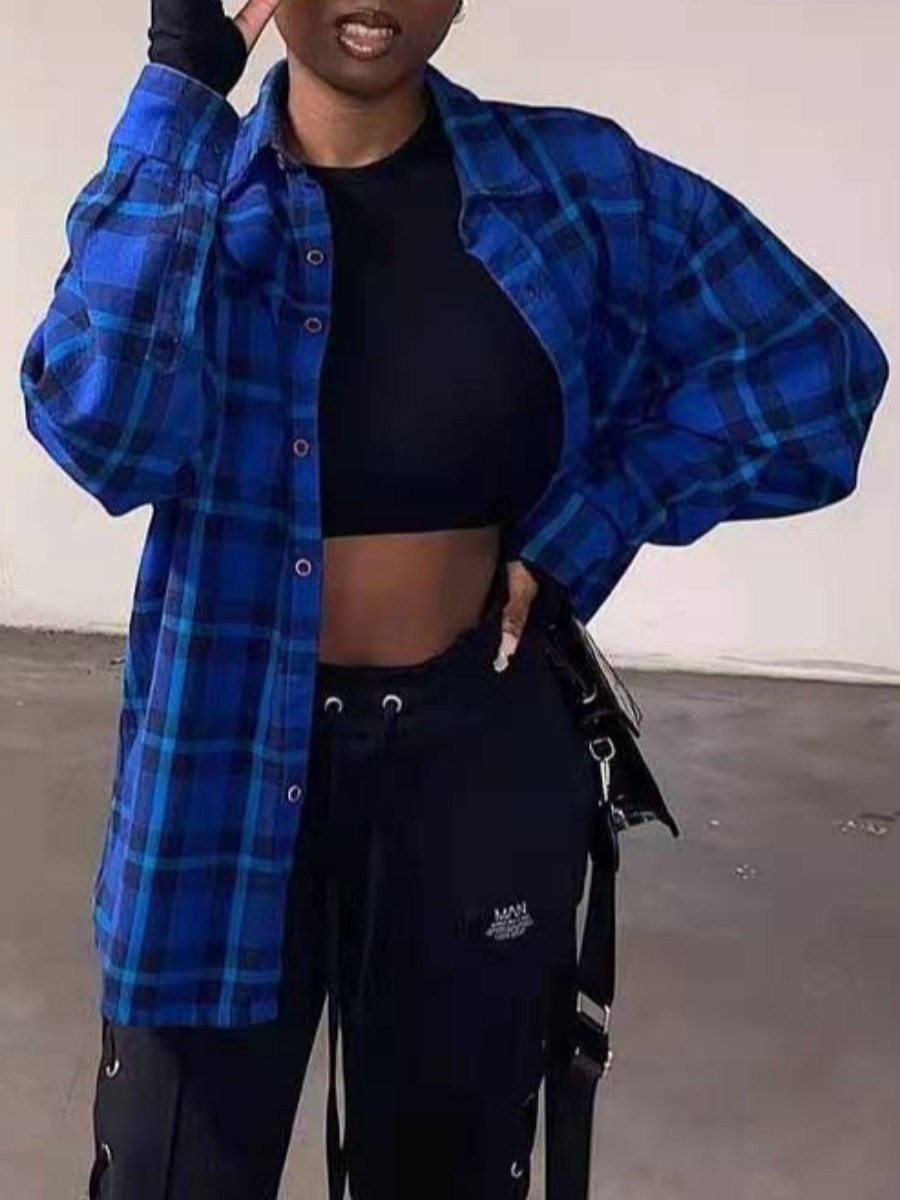 

Lovely Casual Turndown Collar Plaid Print Blue Jacket