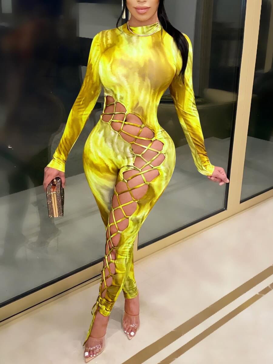 

Lovely Sexy O Neck Tie-dye Hollow-out Yellow One-piece Jumpsuit
