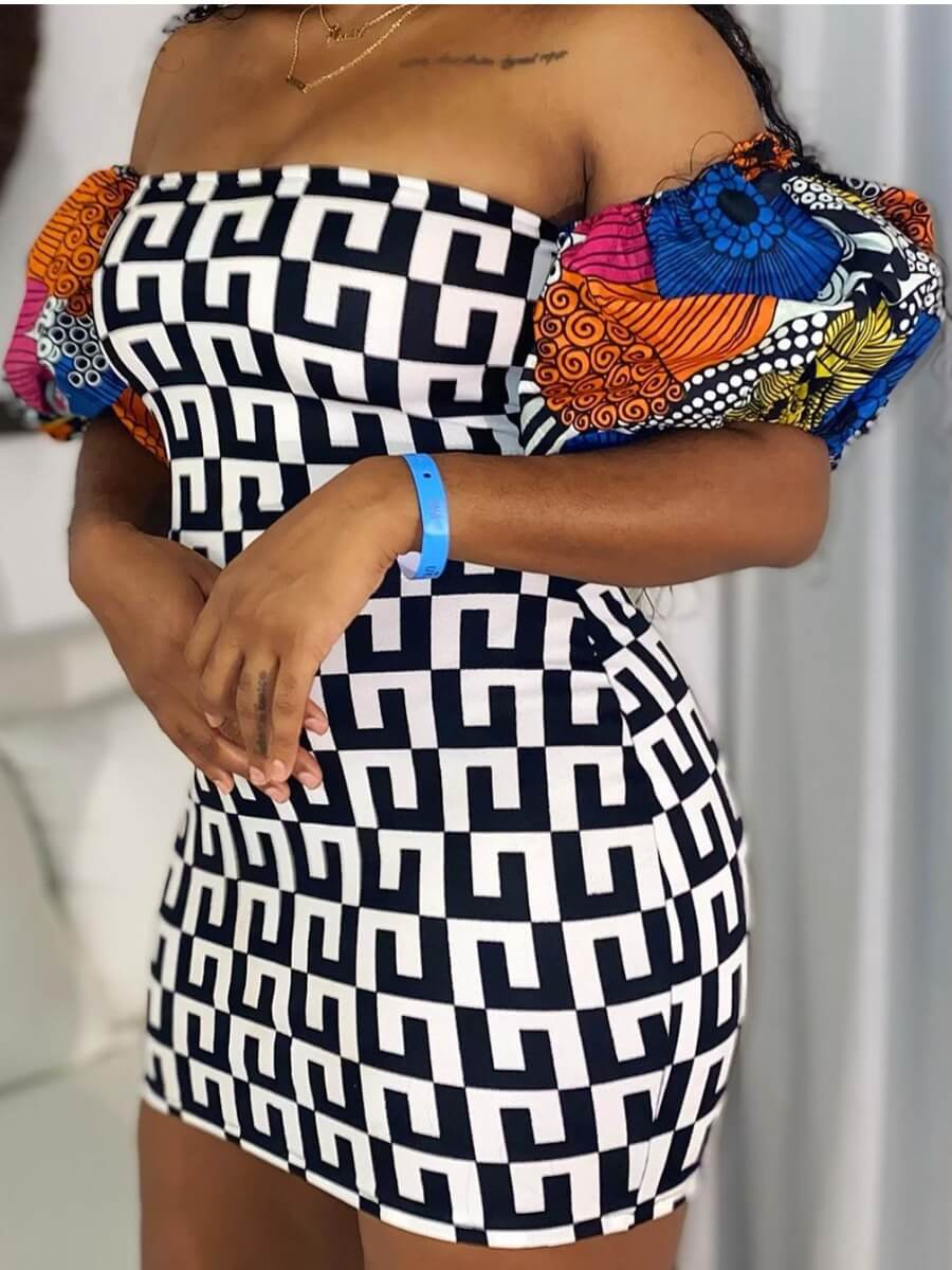 

Lovely Sweet Off The Shoulder Geometric Print Black Mini Dress