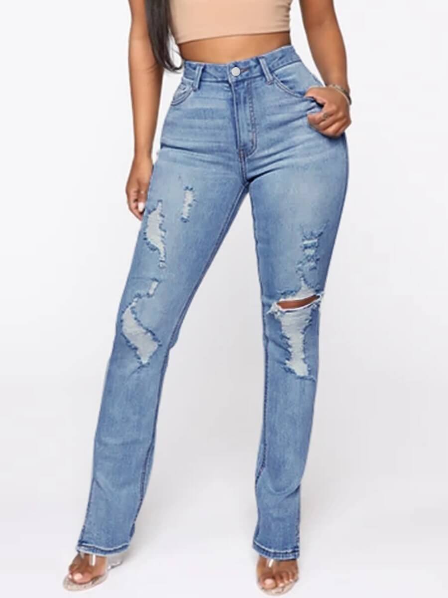 

Lovely Casual High-waisted Broken Holes Split Baby Blue Jeans