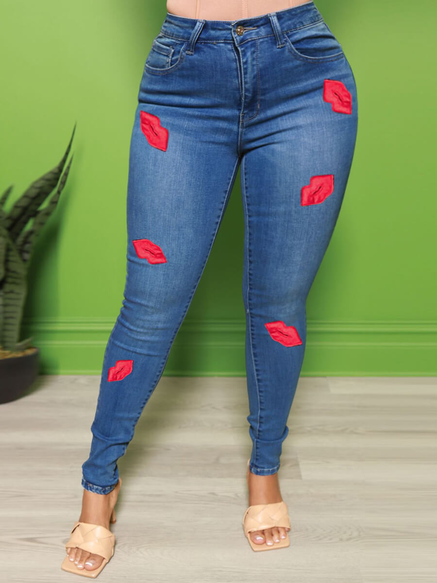 

Lovely Casual High-waisted Lip Print Blue Plus Size Jeans