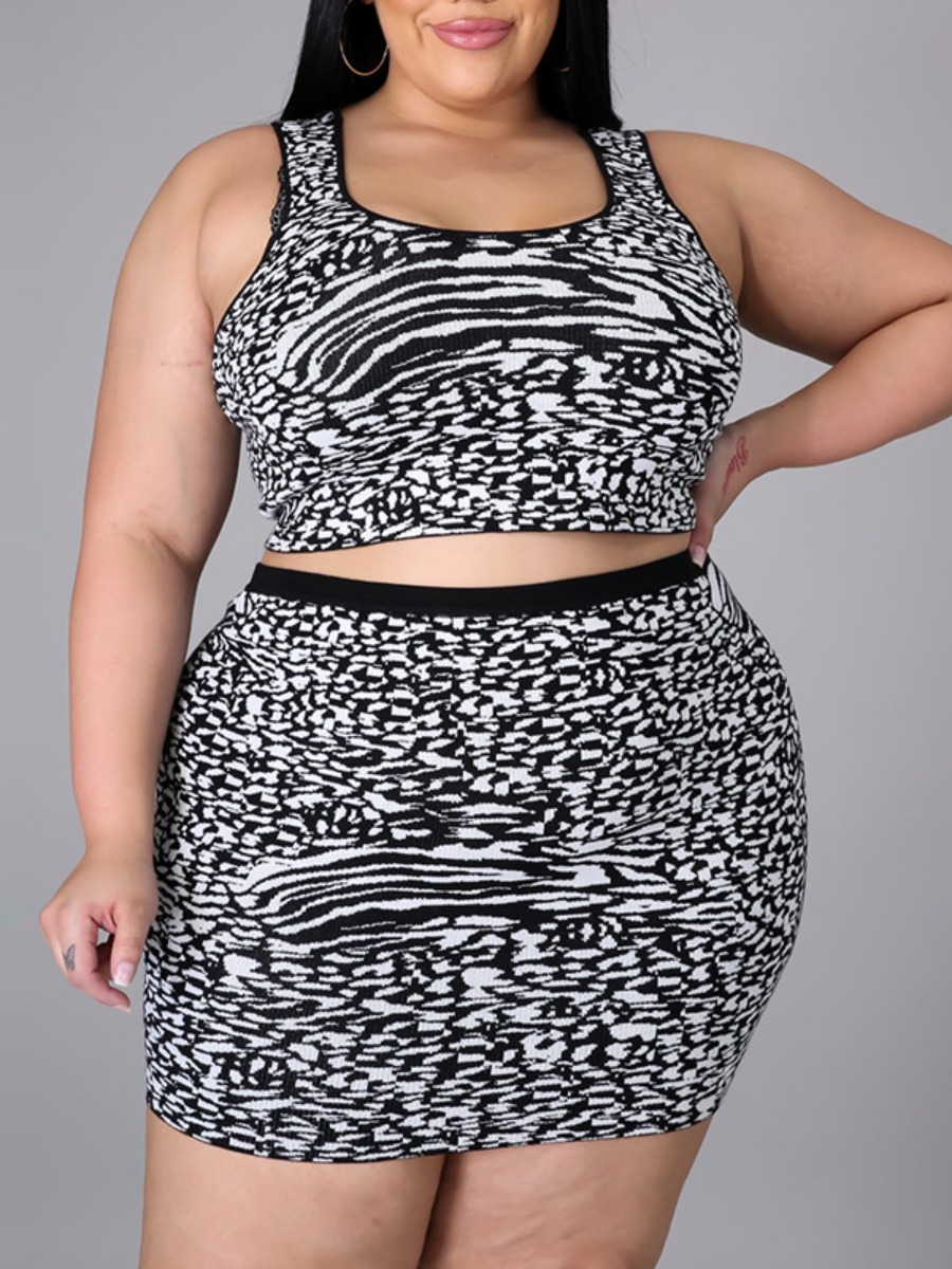 

Lovely Plus Size Casual U Neck Tank Sleeveless Print Black Two-piece Skirt Set