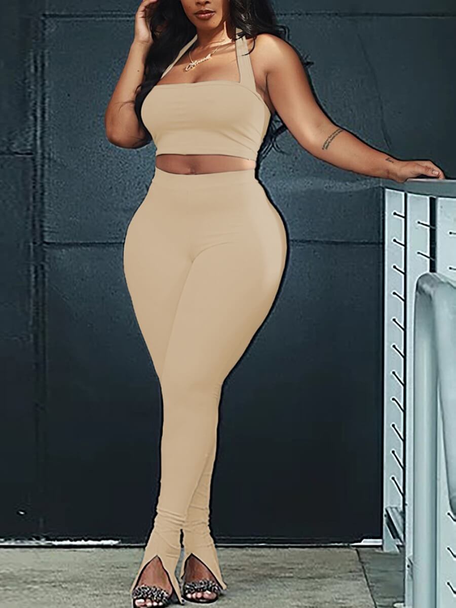

Lovely Plus Size Casual Spaghetti Strap Split Khaki Two-piece Pants Set