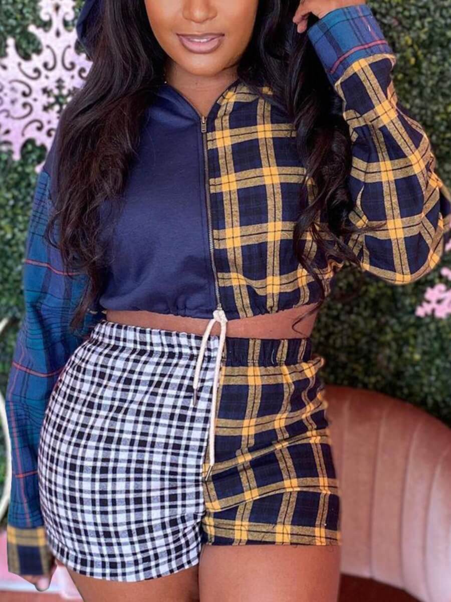 

LW Sweet Hooded Collar Plaid Print Patchwork Blue Two Piece Shorts Set