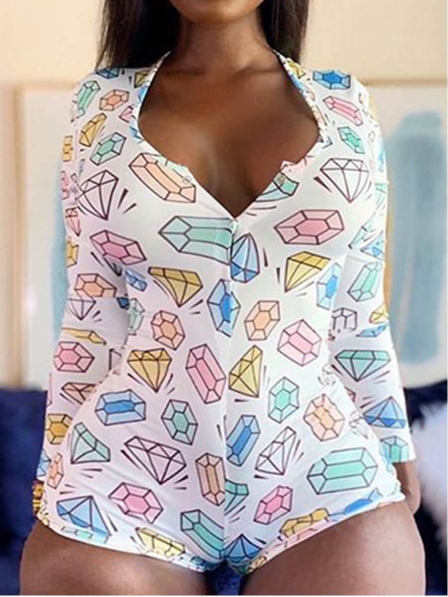 

Lovely Casual V Neck Print White Plus Size One-piece Romper