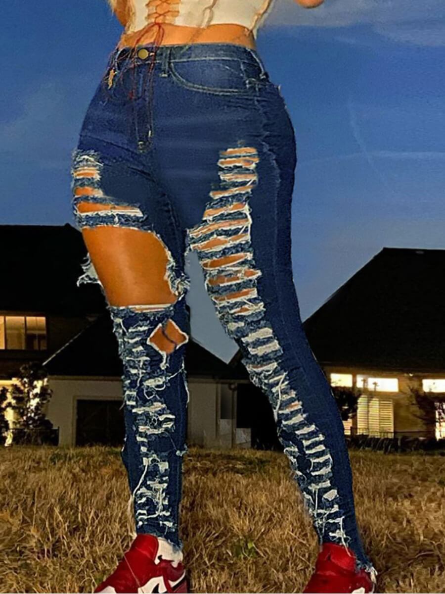 

Lovely Street High-waisted Broken Holes Blue Plus Size Jeans