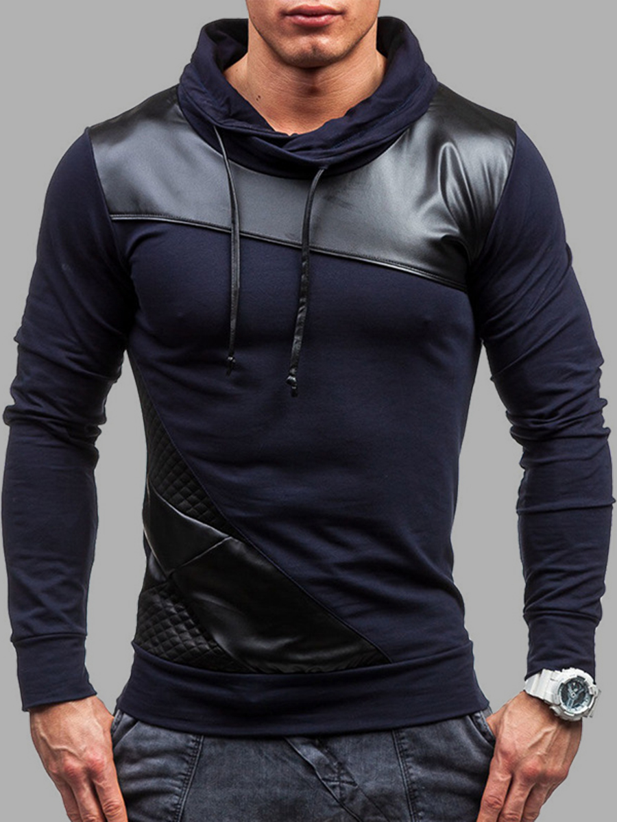 

Lovely Casual Drawstring Patchwork Navy Blue Men Hoodie