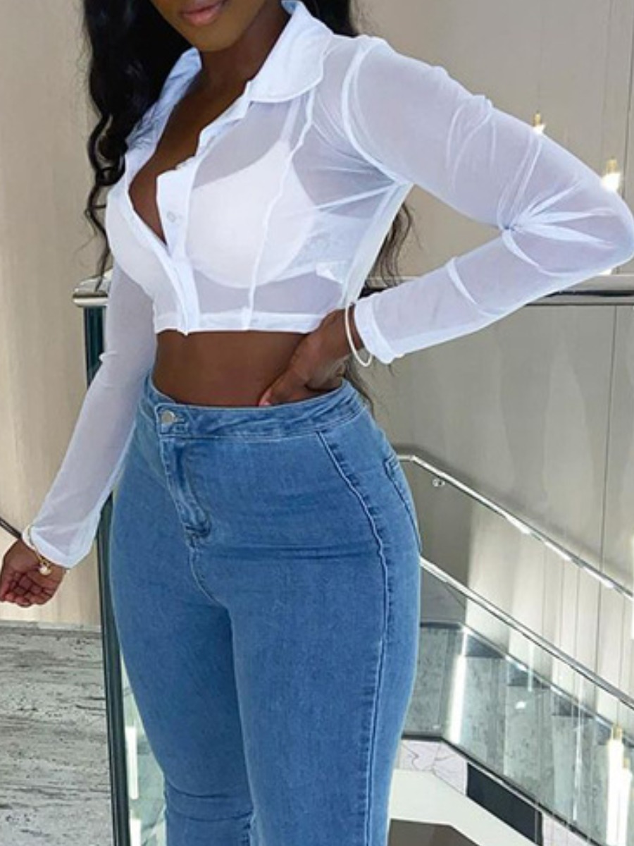 

Lovely Casual Turndown Collar See-through White Blouse