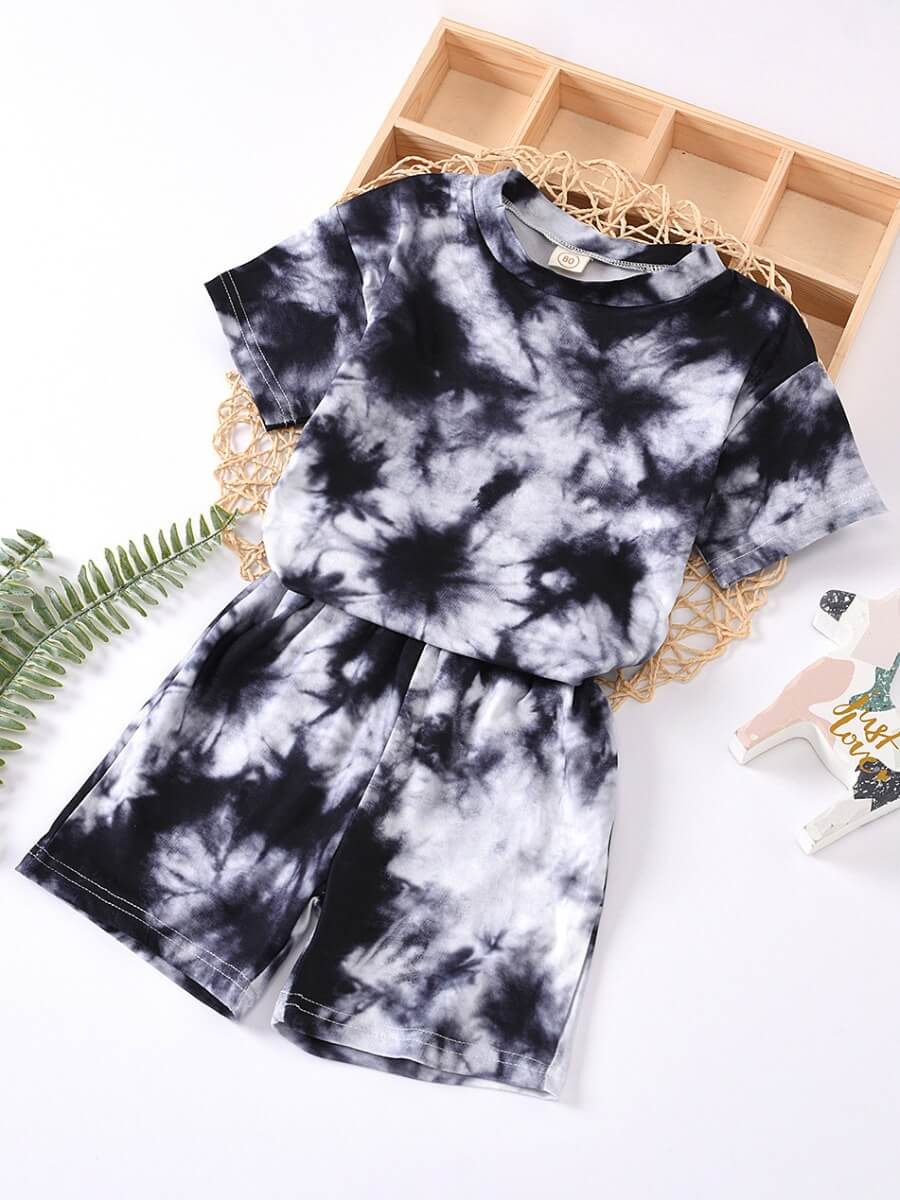 

Lovely Casual O Neck Tie Dye Black Boy Two Piece Shorts Set