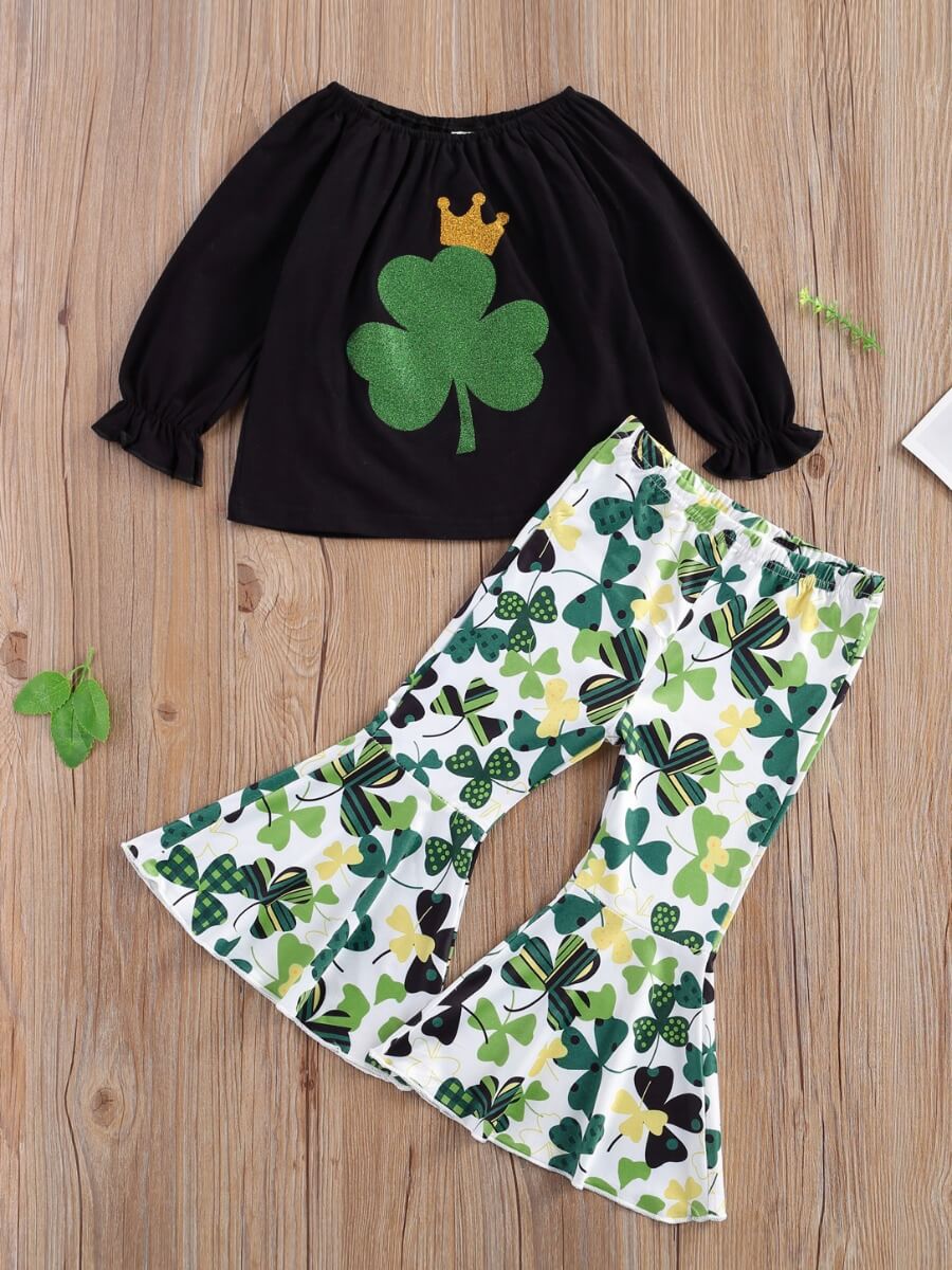 

LW Girl Casual O Neck Floral Print Flared Black Two Piece Pants Set