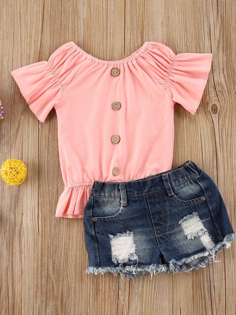 

Lovely Girl Casual Button Decoration Broken Hole Flared Pink Two Piece Shorts Set