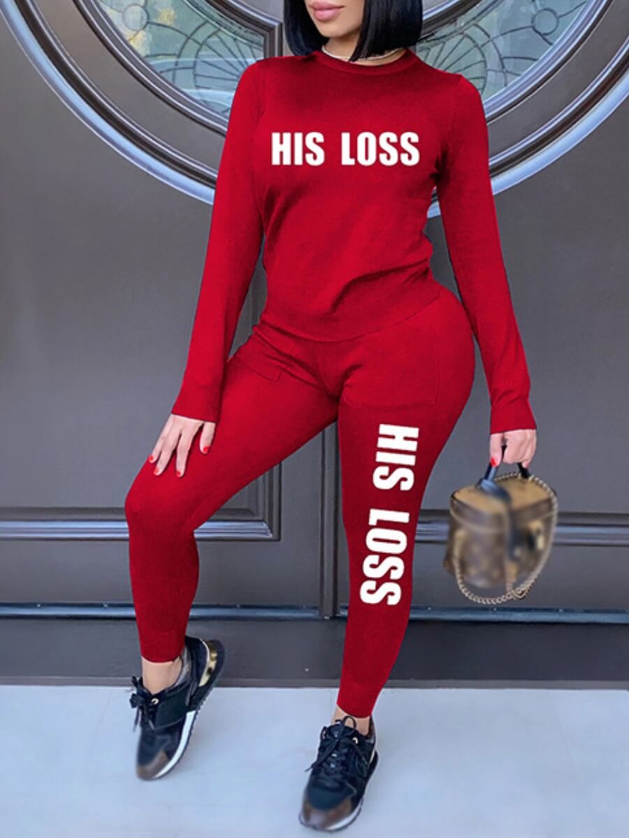 

Lovely Casual O Neck Letter Print Red Two Piece Pants Set