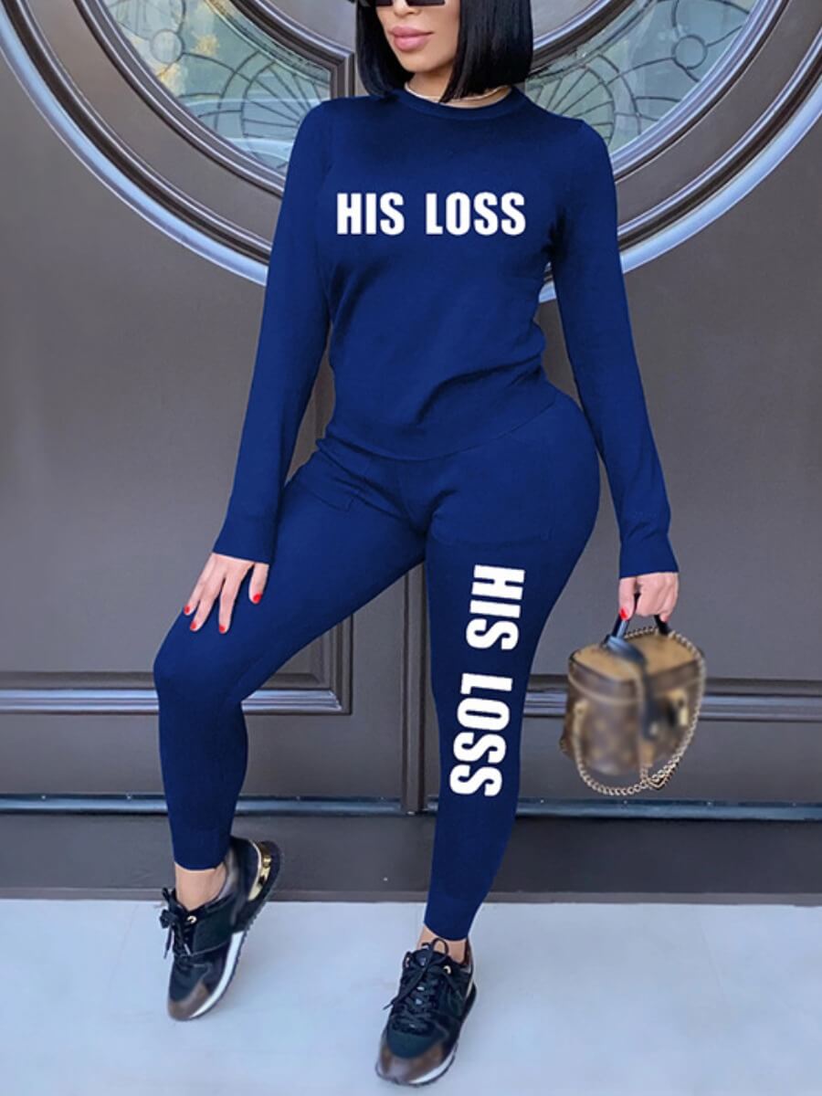 

Lovely Casual O Neck Letter Print Dark Blue Two Piece Pants Set